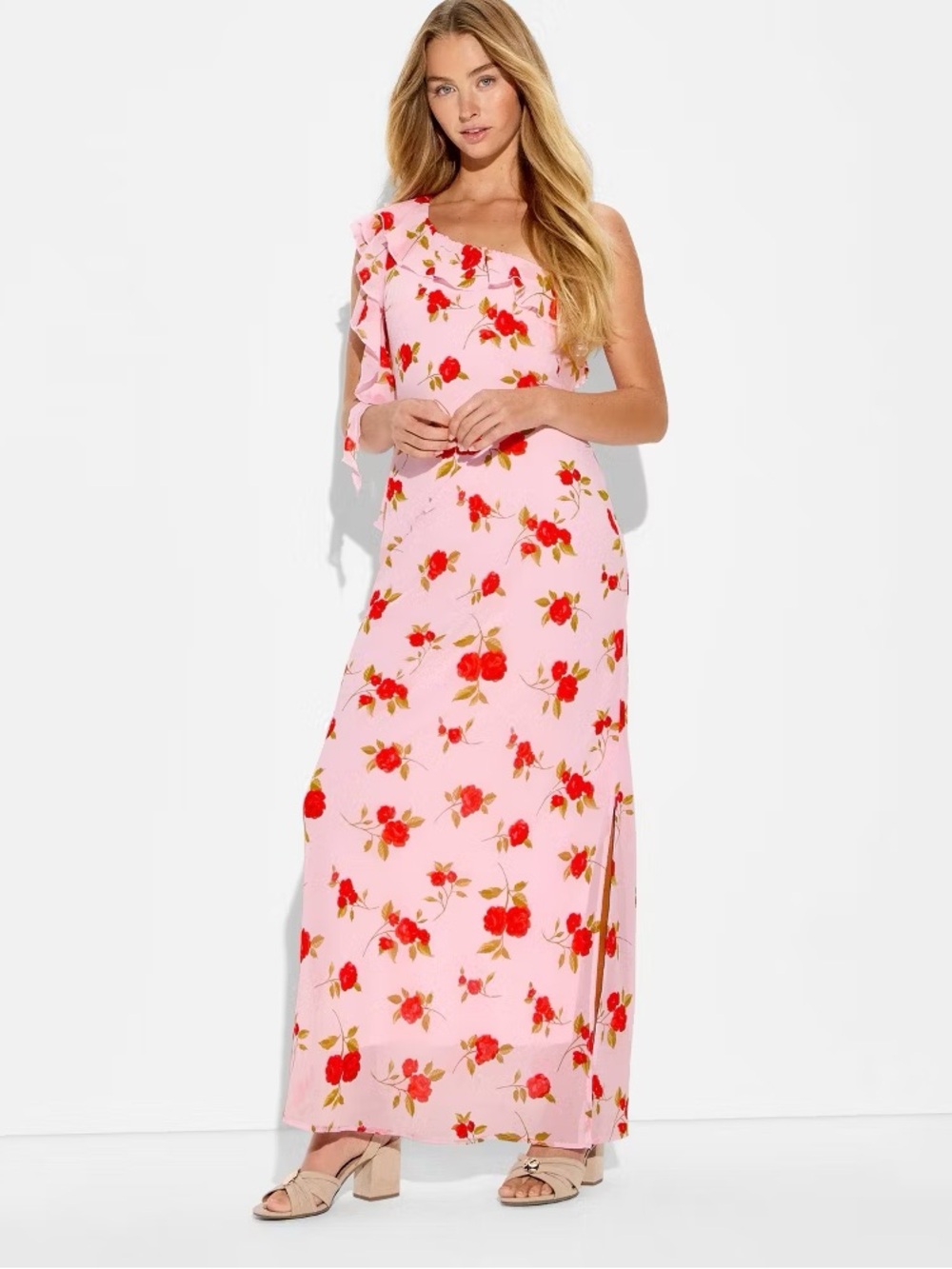 wild fable Pink One-Shoulder Maxi Dress with Red Rose Print